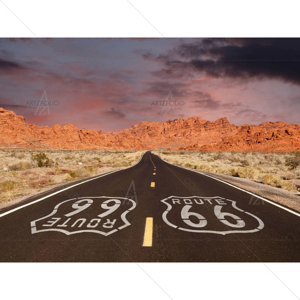 Route 66 Pavement Sign in a Desert Rock Mountain — custom-size art design 5006349