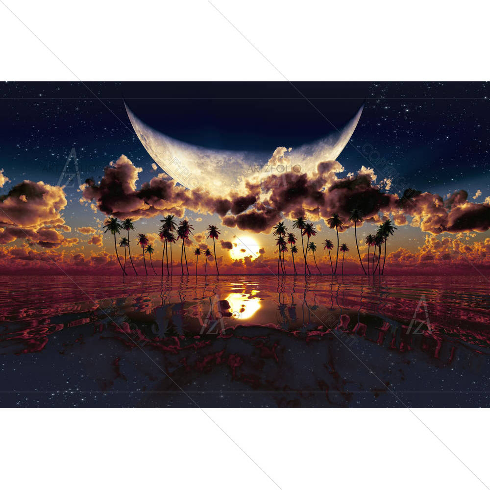 Large Moon Over Dramatic Sunset — custom-size art design 5006354