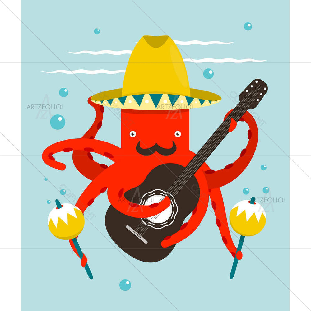 Macho Moustache Octopus Playing Guitar — custom-size art design 5006370