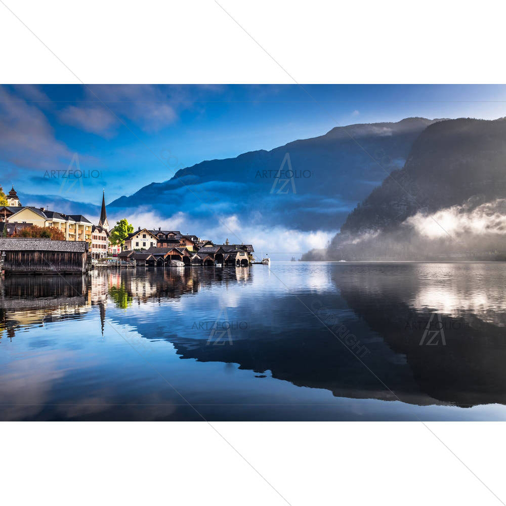 Foggy Morning on the Harbor in Hallstatt, Austria — custom-size art design 5006425