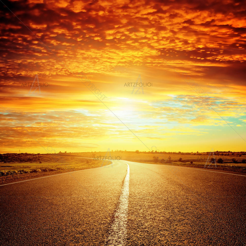 Good Red Sunset & Asphalt Road To Horizon — Landscapes custom art by ArtzFolio