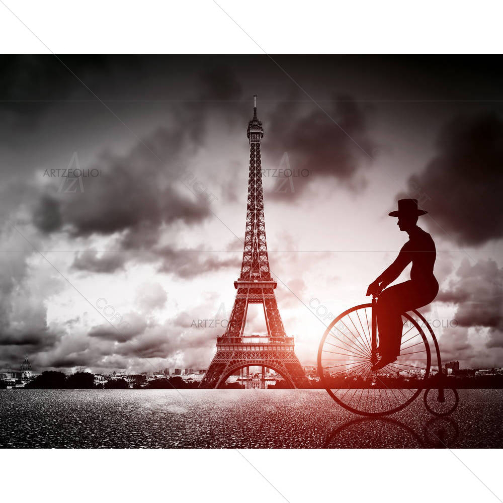 Retro Bicycle Next To Eiffel Tower, Paris, France — custom-size art design 5006523