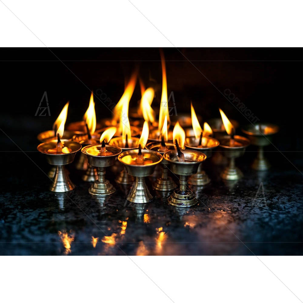 Butter Lamps With Flames In The Temple Of Nepal — Devotional custom art by ArtzFolio