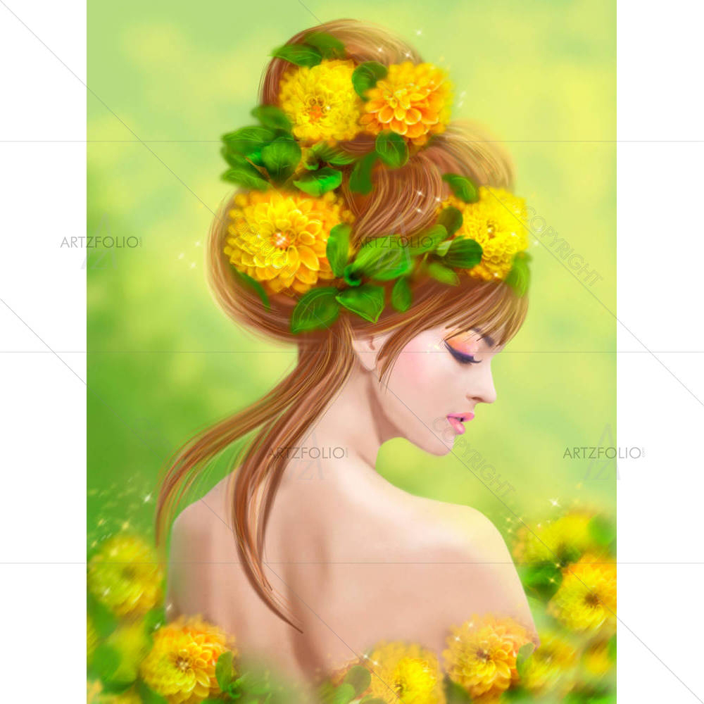 Fantasy Spring & Beauty Woman In Yellow Flowers — custom-size art design 5006575