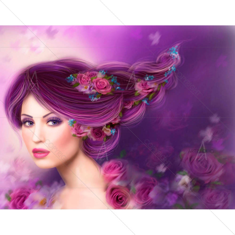 Fantasy Woman with Purple Hair & Flowers Roses — custom-size art design 5006576