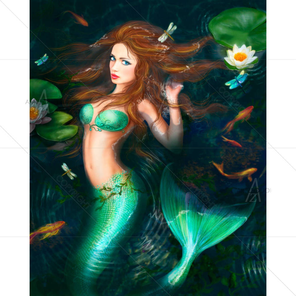 Mermaid In Lake With Lillies — Fantasy custom art by ArtzFolio
