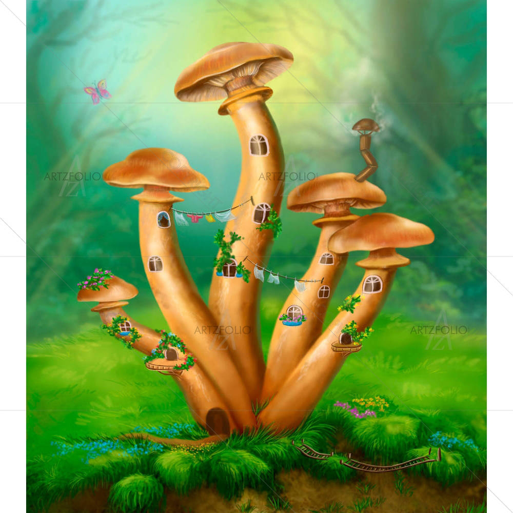 Mushrooms House on a Colorful Meadow — Fantasy Fantasy custom art by ArtzFolio
