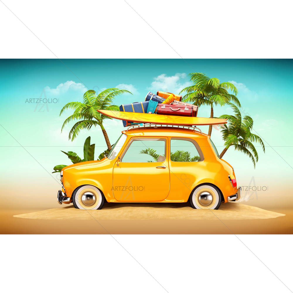 Retro Car With Surfboard & Suitcases On A Beach — custom-size art design 5006600