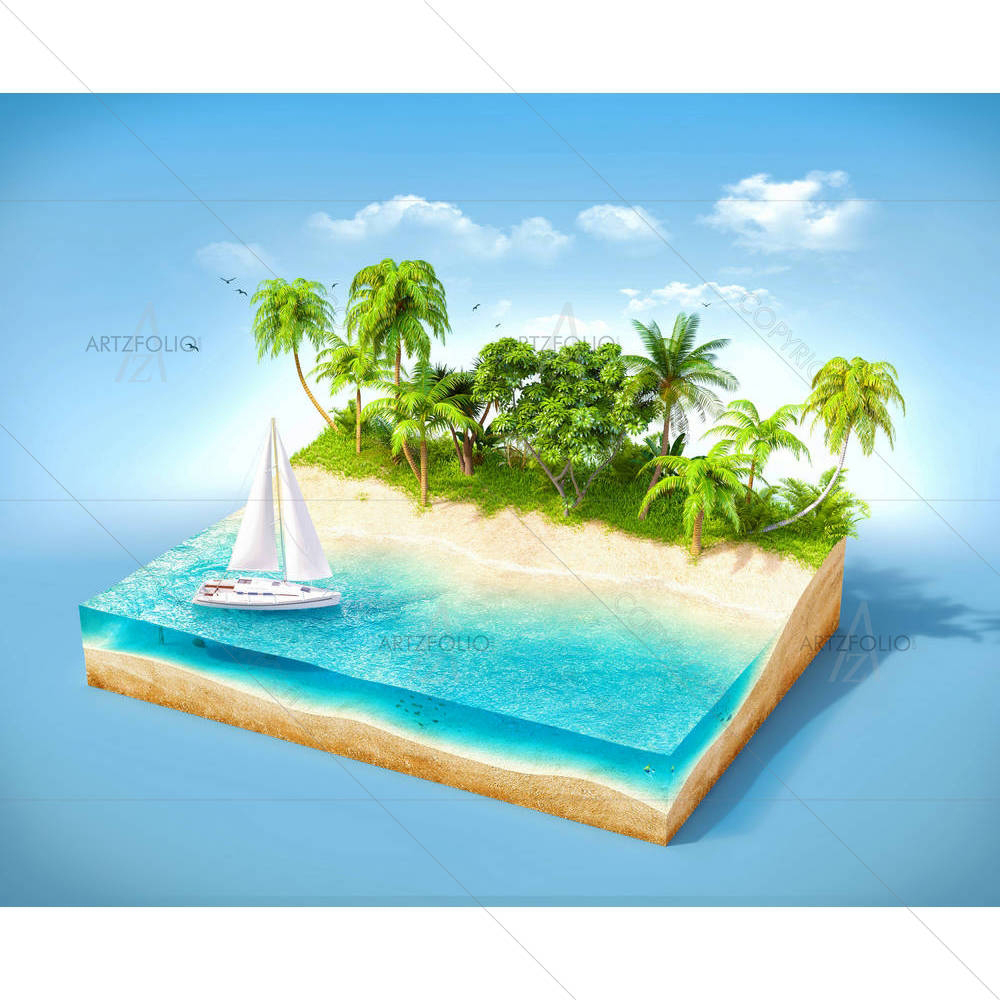 Tropical Island With Water & Palms On A Beach D1 — custom-size art design 5006601