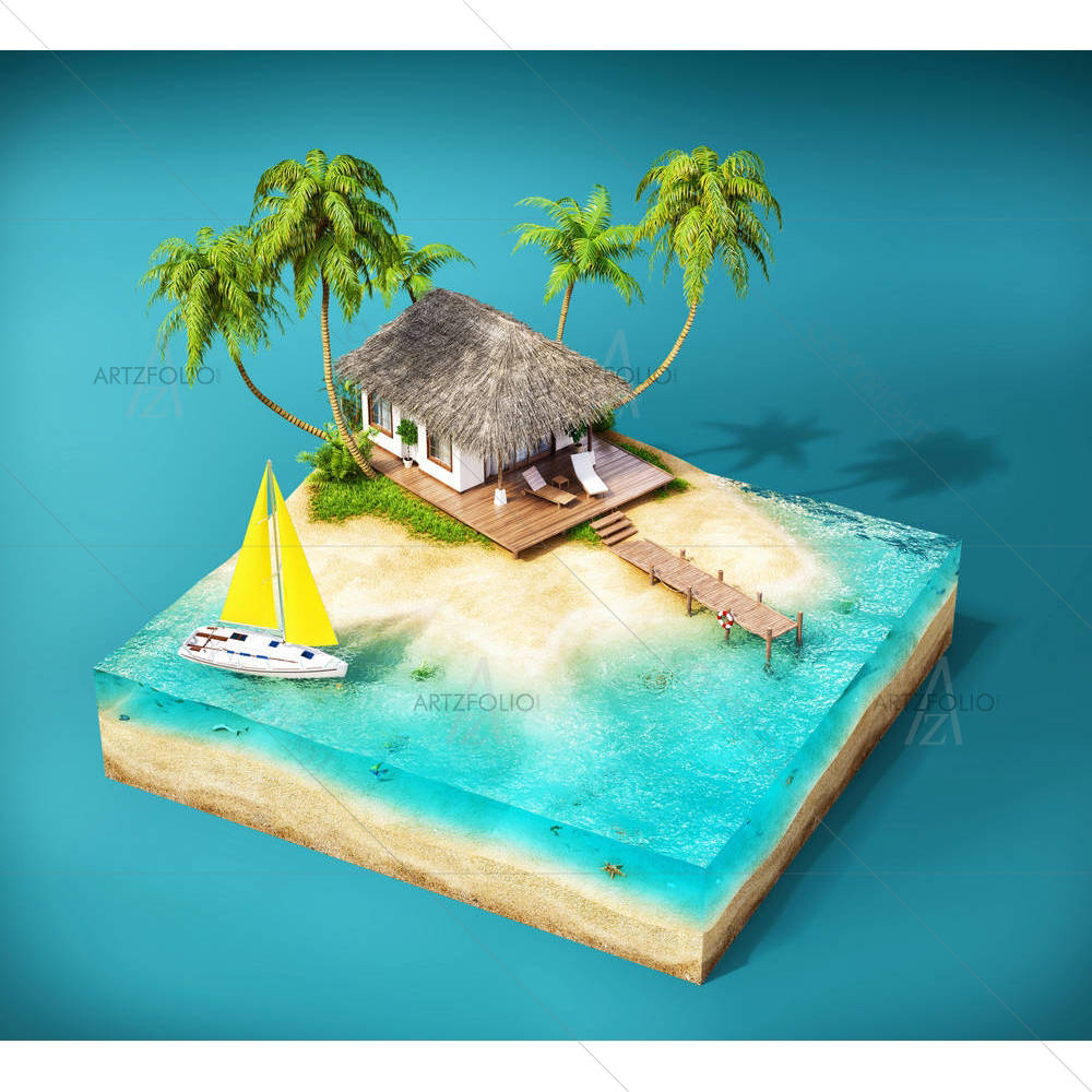 Tropical Island With Palms & Bungalow On A Beach — Automobiles custom art by ArtzFolio