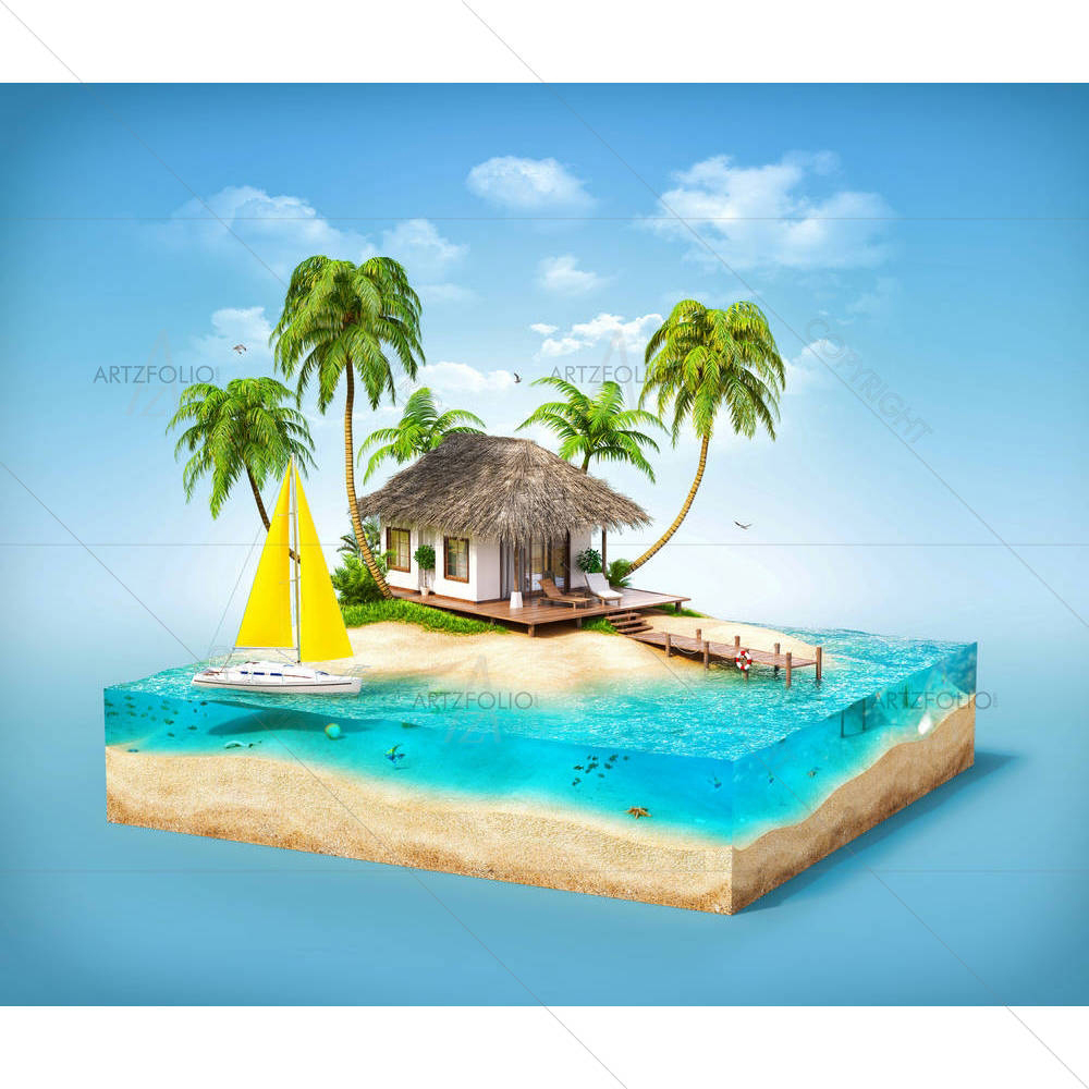 Tropical Island Beach with Palms & Bungalow — Automobiles custom art by ArtzFolio