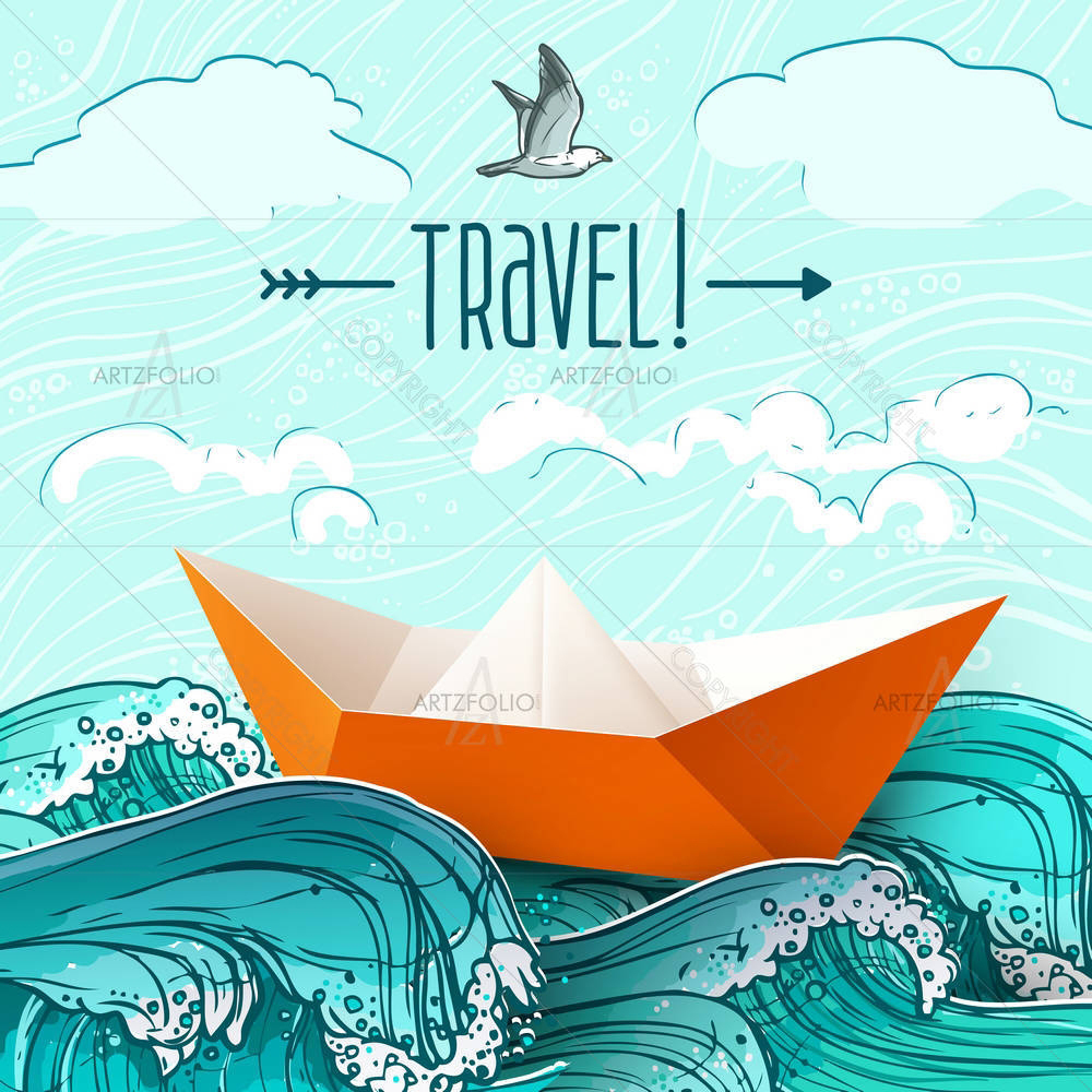 Origami Paper Ship On Sea Waves — custom-size art design 5006644