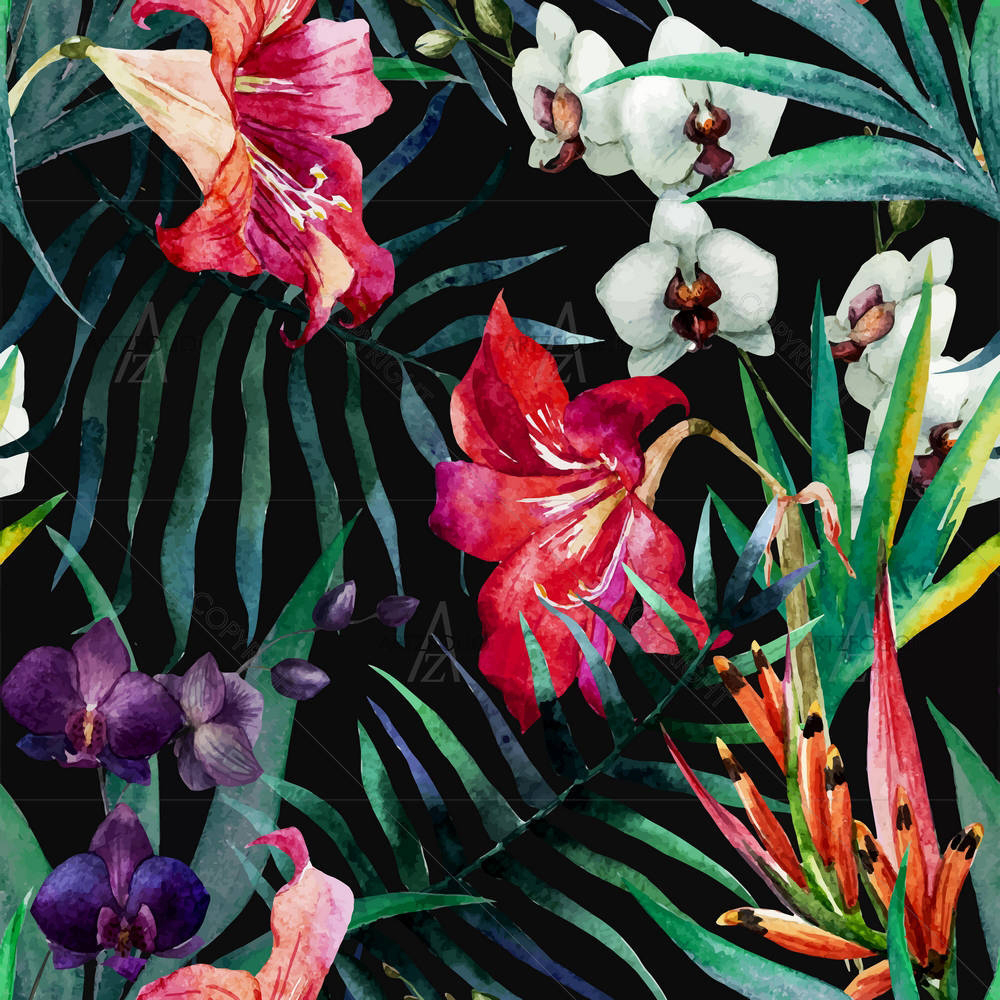 Watercolor Tropical Flowers D1 — custom-size art design 5006646