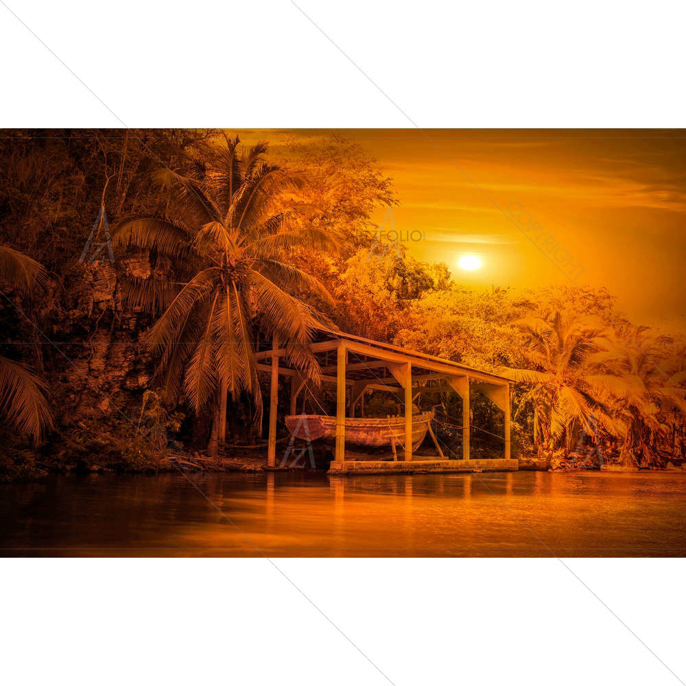 Sunset over Old Pirate Boat in Caribbean Bay — Automobiles custom art by ArtzFolio