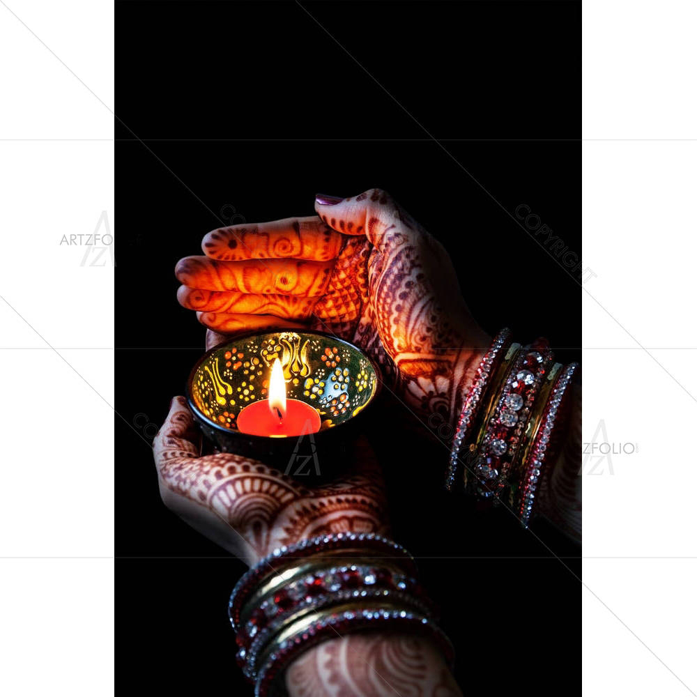 Woman Hands With Henna Holding Lit Candle — custom-size art design 5006765