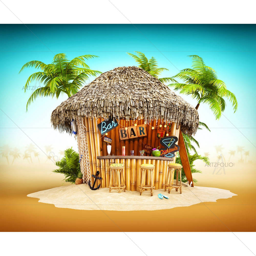 Bamboo Tropical Bar On A Pile Of Sand — custom-size art design 5006778