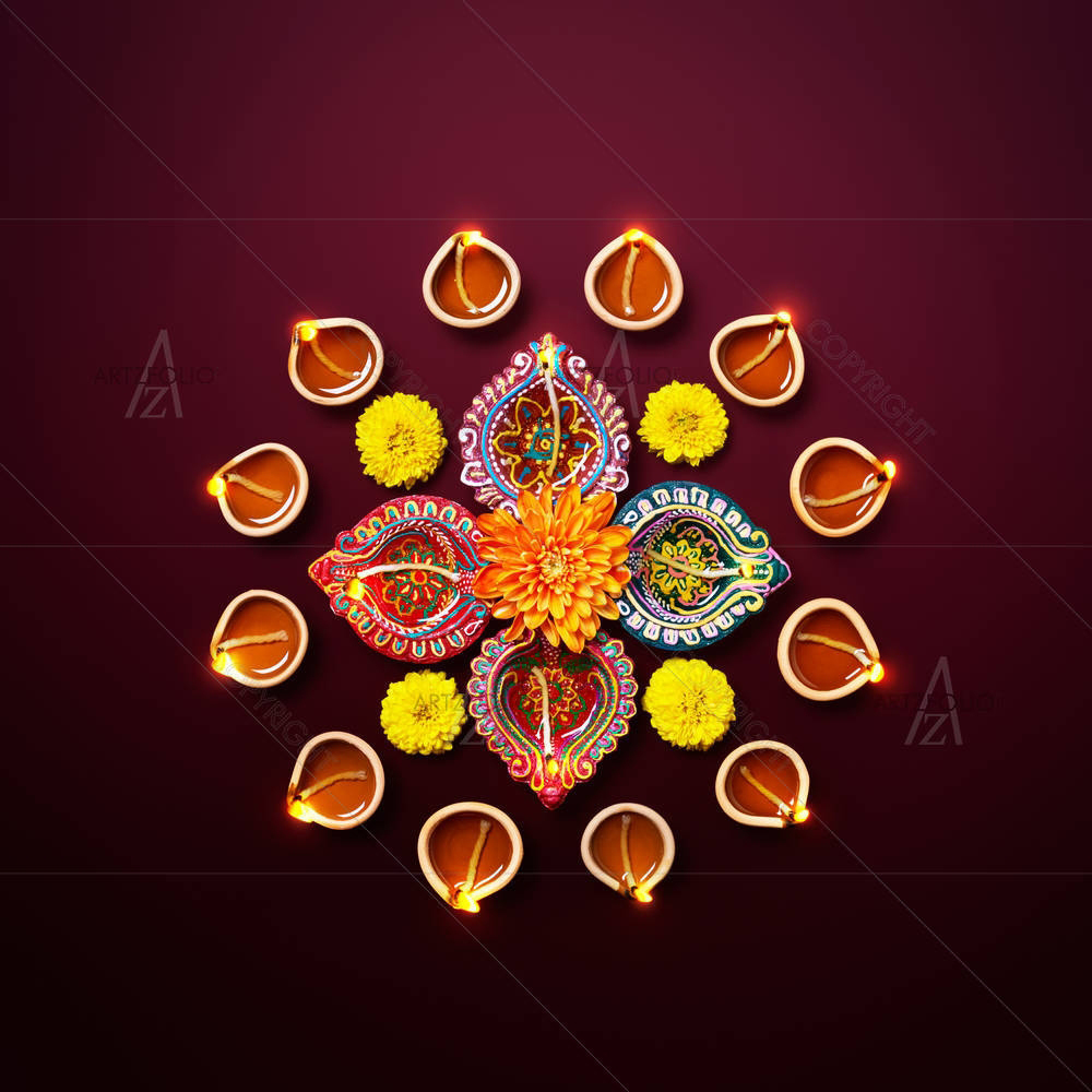 Colorful Diwali Diya Lamps — Devotional custom art by ArtzFolio