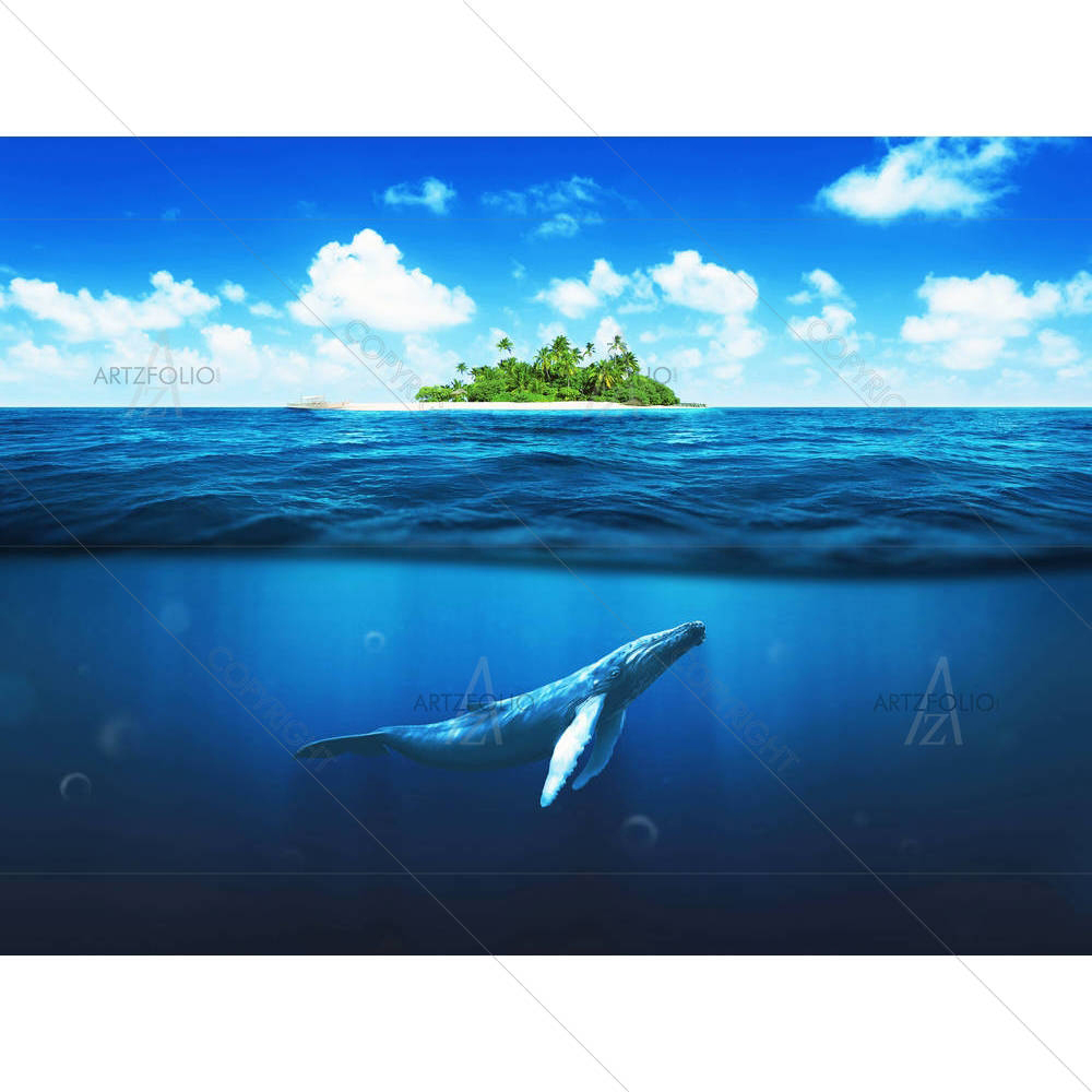 Island With Palm Trees & Whale Underwater — custom-size art design 5006854