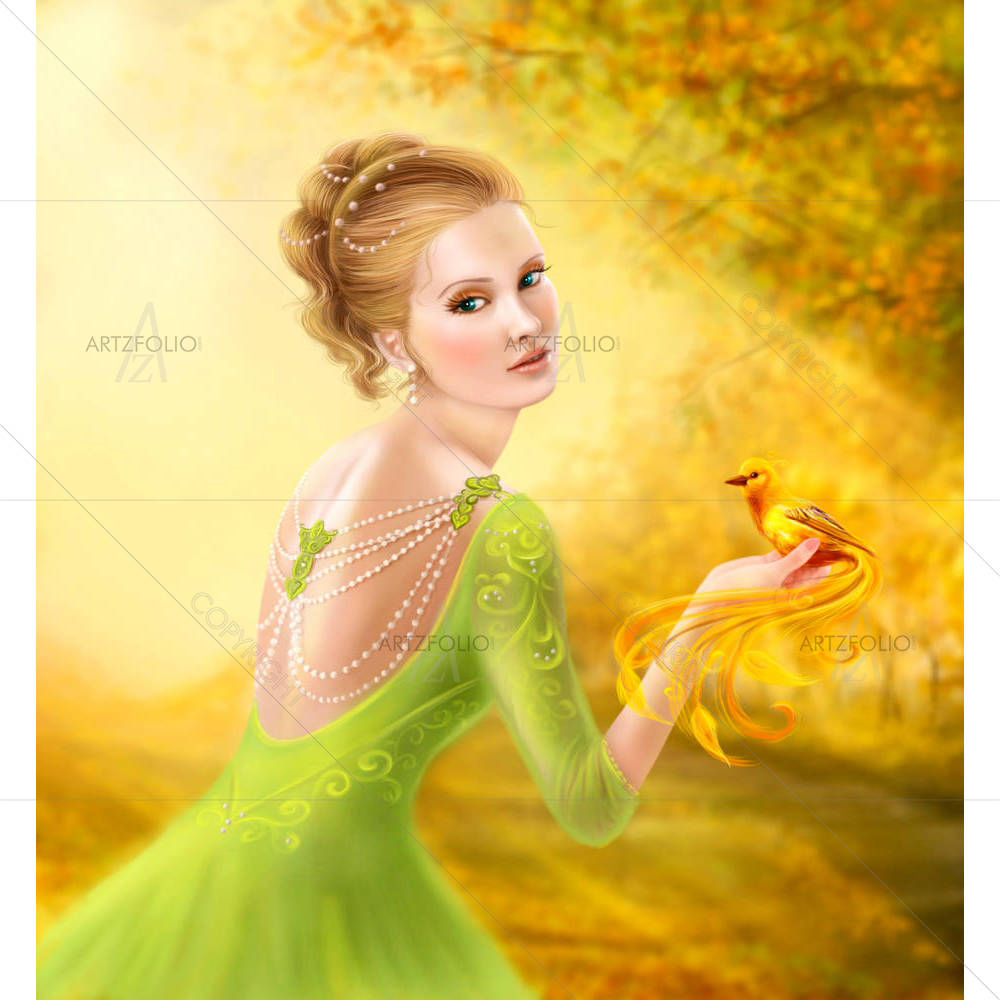 Romantic Woman & Fantasy Gold Bird — custom-size art design 5006888