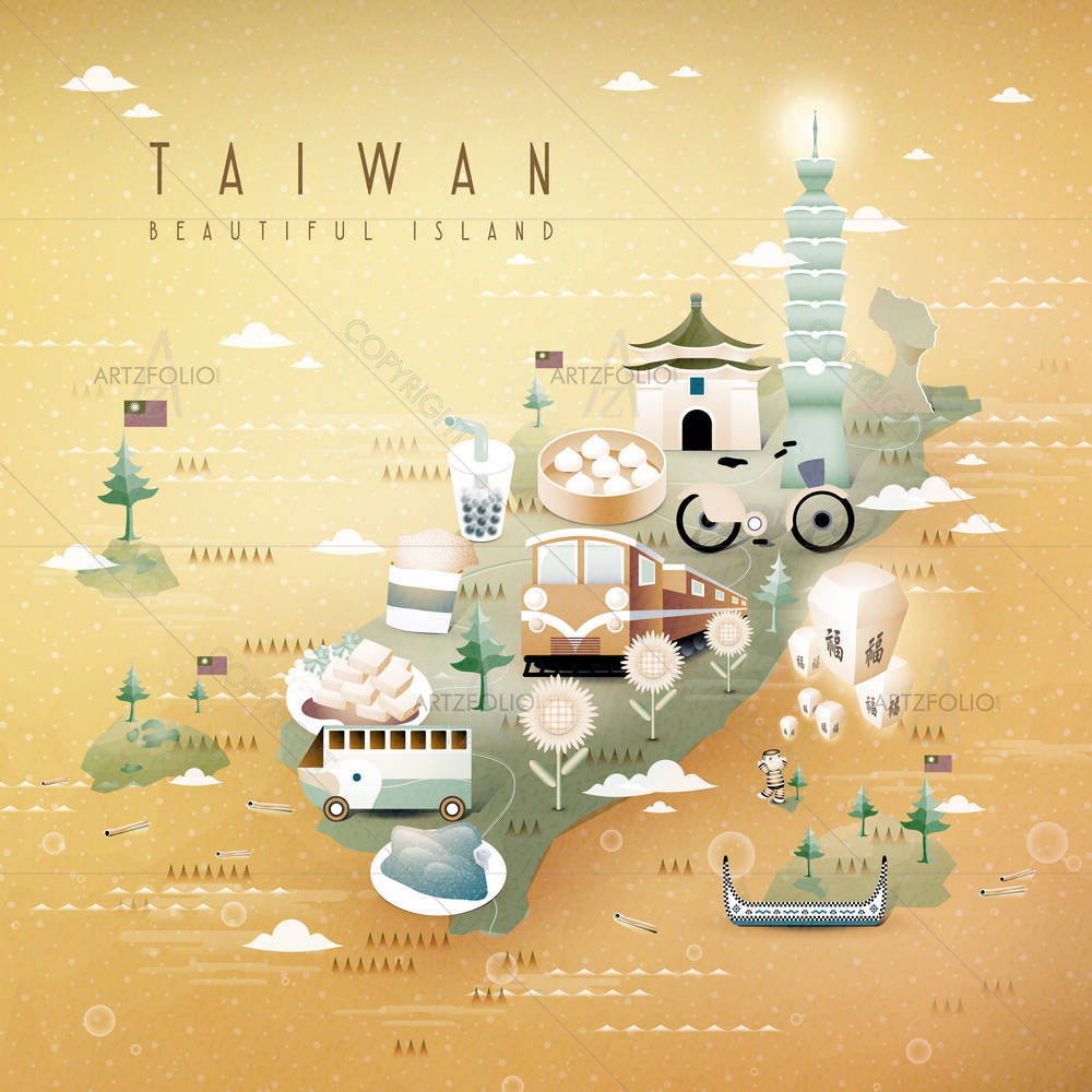Taiwan Famous Attractions Travel Map D1 — Botanical custom art by ArtzFolio
