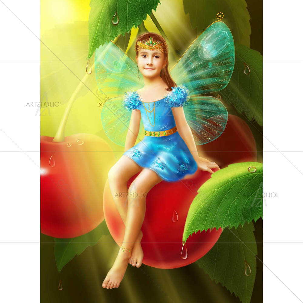 Girl Butterfly On Cherry — custom-size art design 5006912