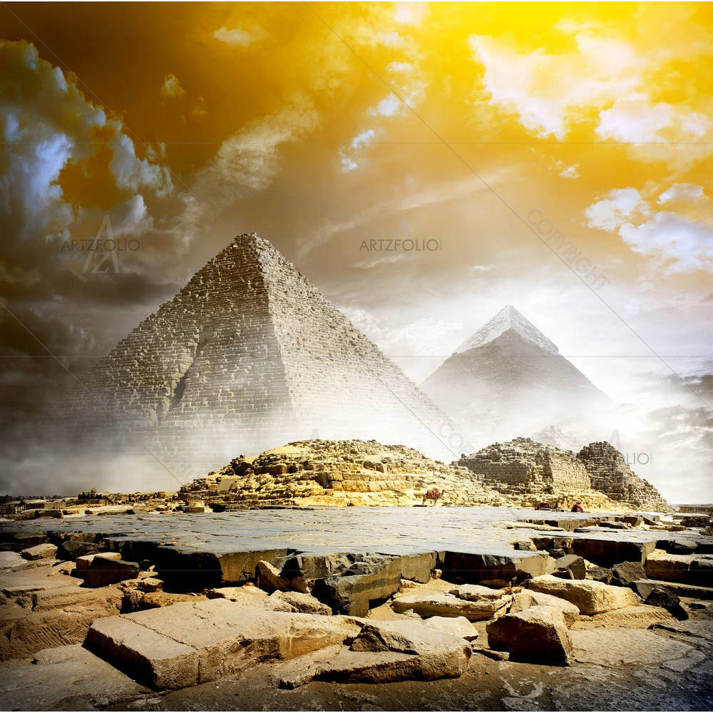 Orange Storm Clouds & Fog Over Egyptian Pyramids — Fluid marble custom art by ArtzFolio