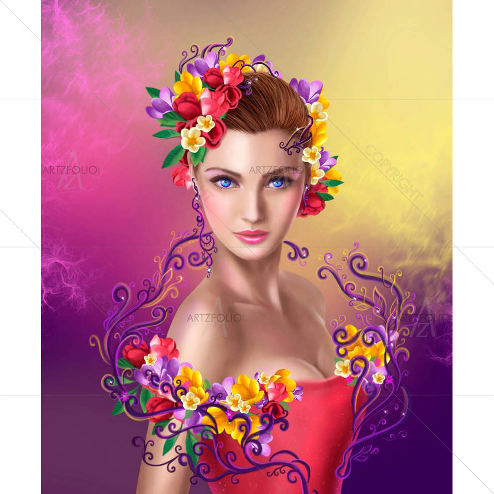 Woman With Hairstyle Color Flowers — Botanical custom art by ArtzFolio