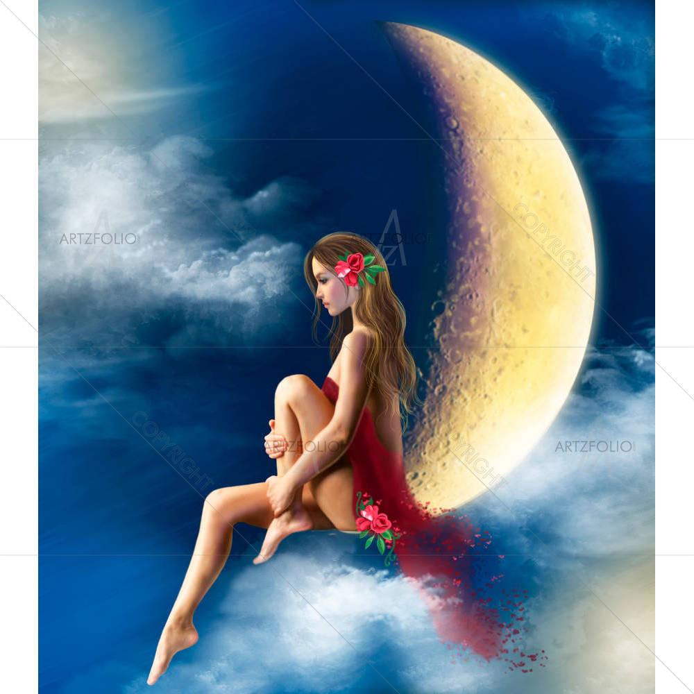 Woman Night Fairy On Moon in Sky — Illustrations Beautiful custom art by ArtzFolio