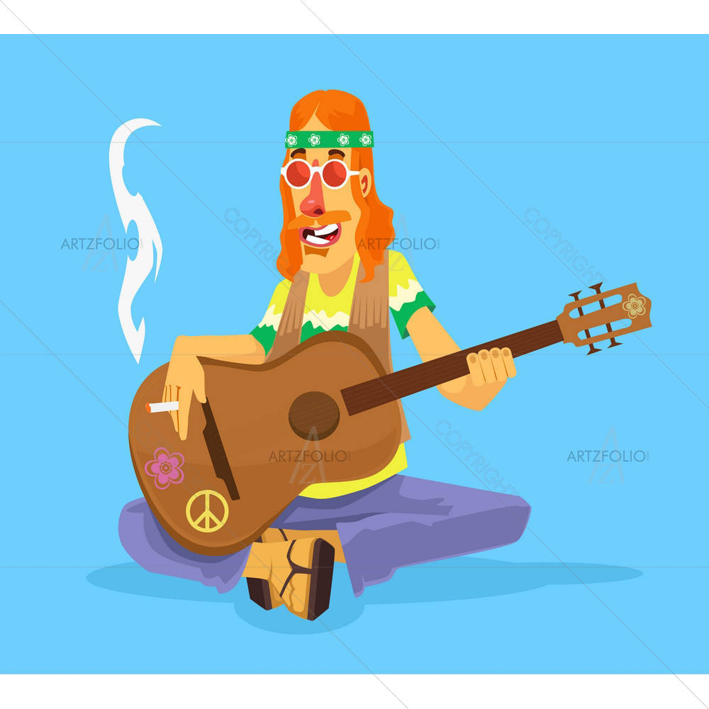 Hippie Man Plays Guitar — Animated Cartoons custom art by ArtzFolio