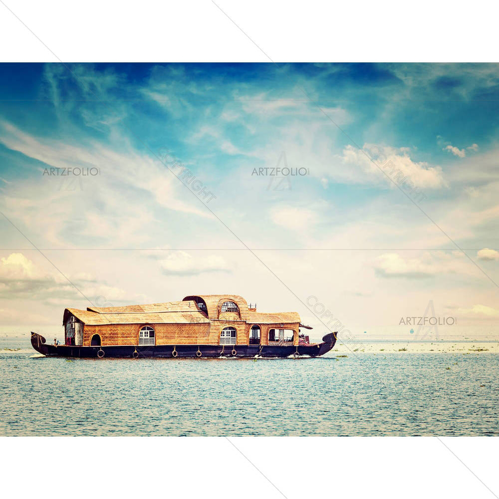 Houseboat In Vembanadu Lake, Kerala, India — Ancient custom art by ArtzFolio