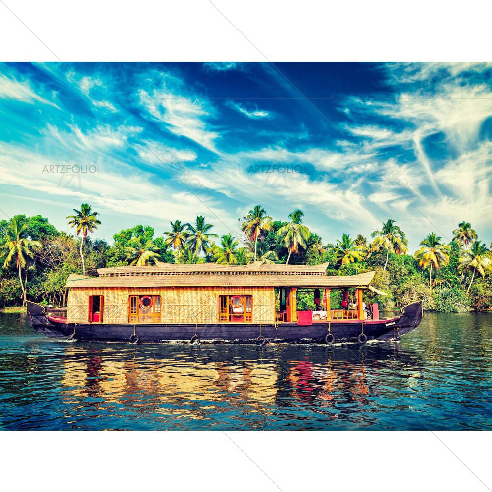 Houseboat On Kerala Backwaters, India D2 — Ancient custom art by ArtzFolio