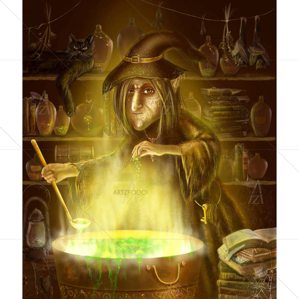 Magician Old Witch Cooks A Potion — custom-size art design 5007145