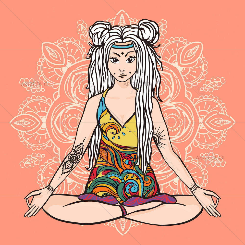Hippie Girl With Dreadlocks in Yoga Poses — Devotional custom art by ArtzFolio