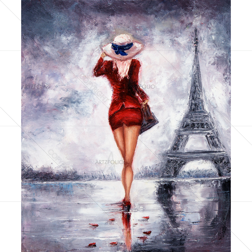Woman Walking Towards Eiffel Tower, Paris — Ancient custom art by ArtzFolio