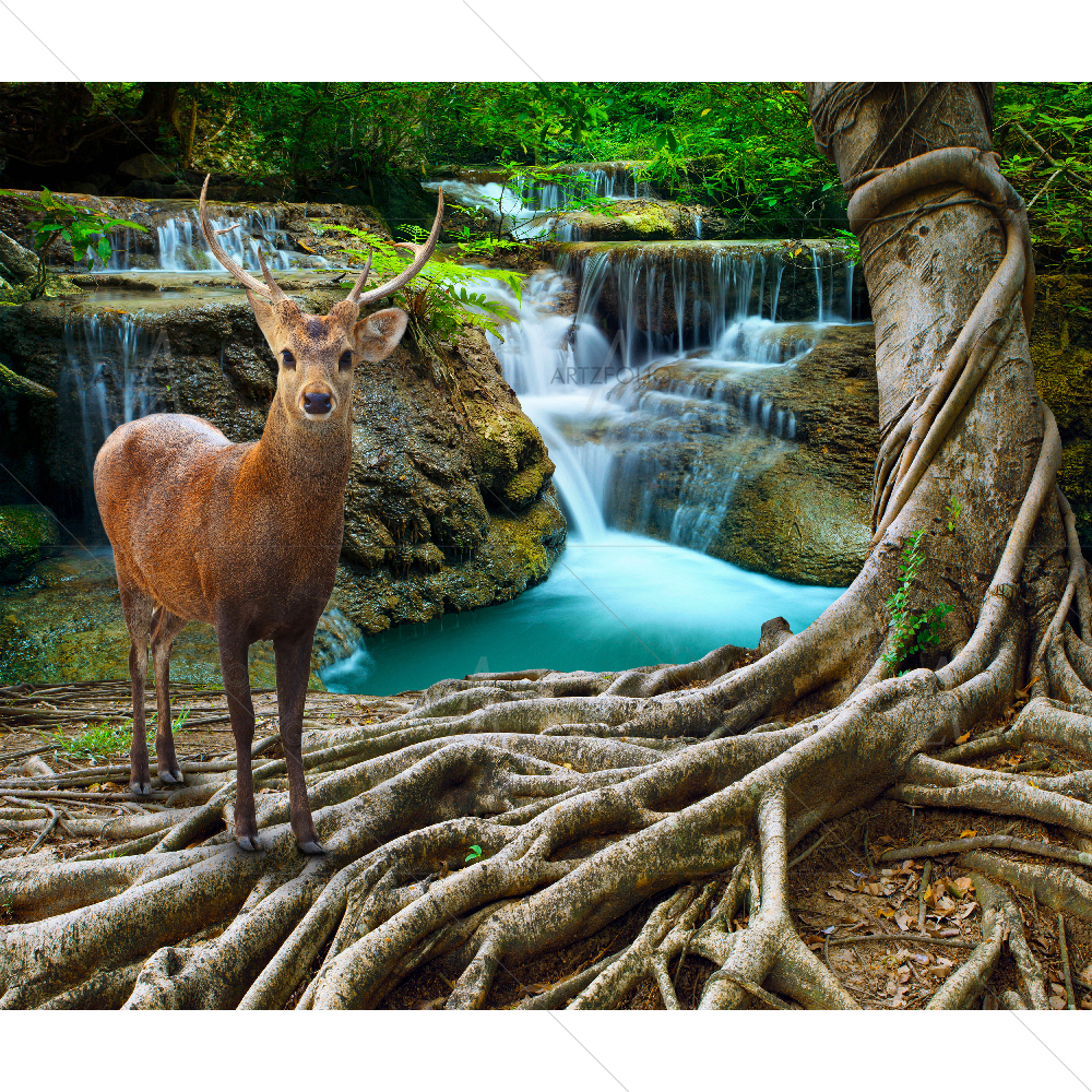 Sambar Deer Beside Bayan Tree Root Waterfall — Fluid marble custom art by ArtzFolio
