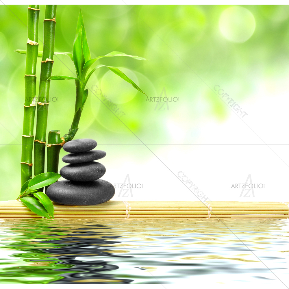 Zen Basalt Stones And Bamboo With Dew — custom-size art design 5007748