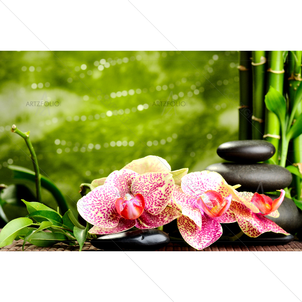 Zen Basalt Stones And Pink Yellow Orchid — custom-size art design 5007749