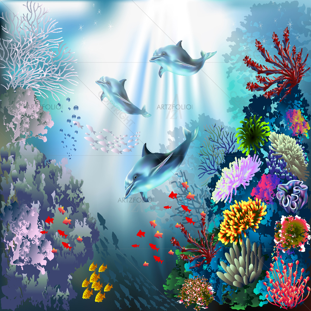 Underwater World With Dolphins And Plants — custom-size art design 5007794