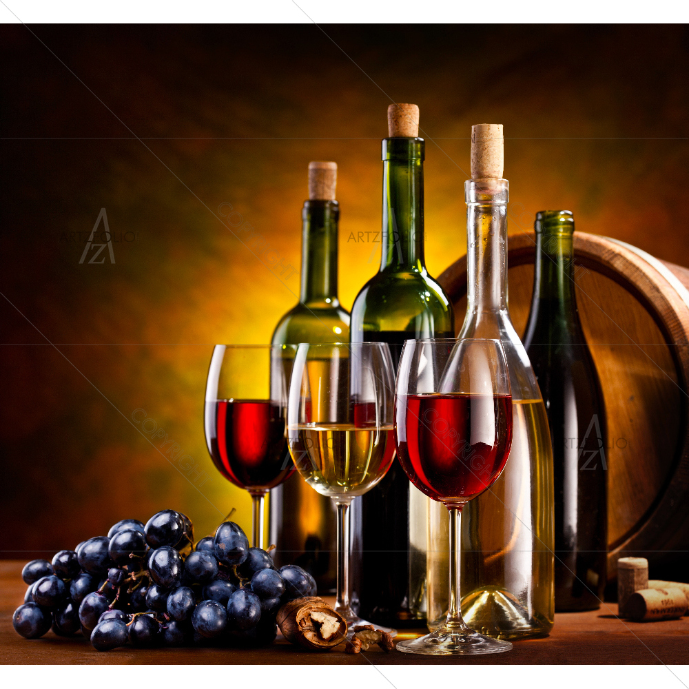Still Life With Wine Bottles, Glasses And Oak Barrels — custom-size art design 5007795