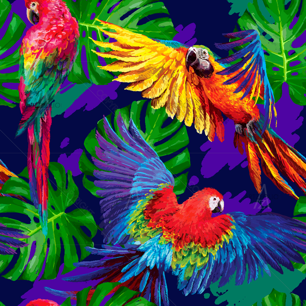 Exotic Tropical Parrots And Monstera Leafs — custom-size art design 5007806