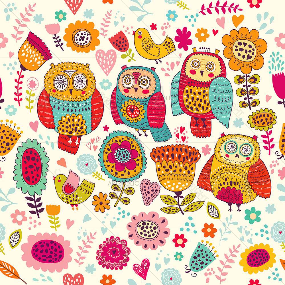 Cheerful Owls And Flowers D1 — custom-size art design 5007853