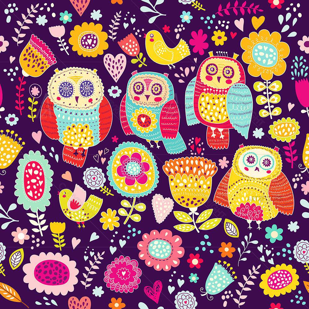 Cheerful Owls And Flowers D2 — Botanical custom art by ArtzFolio