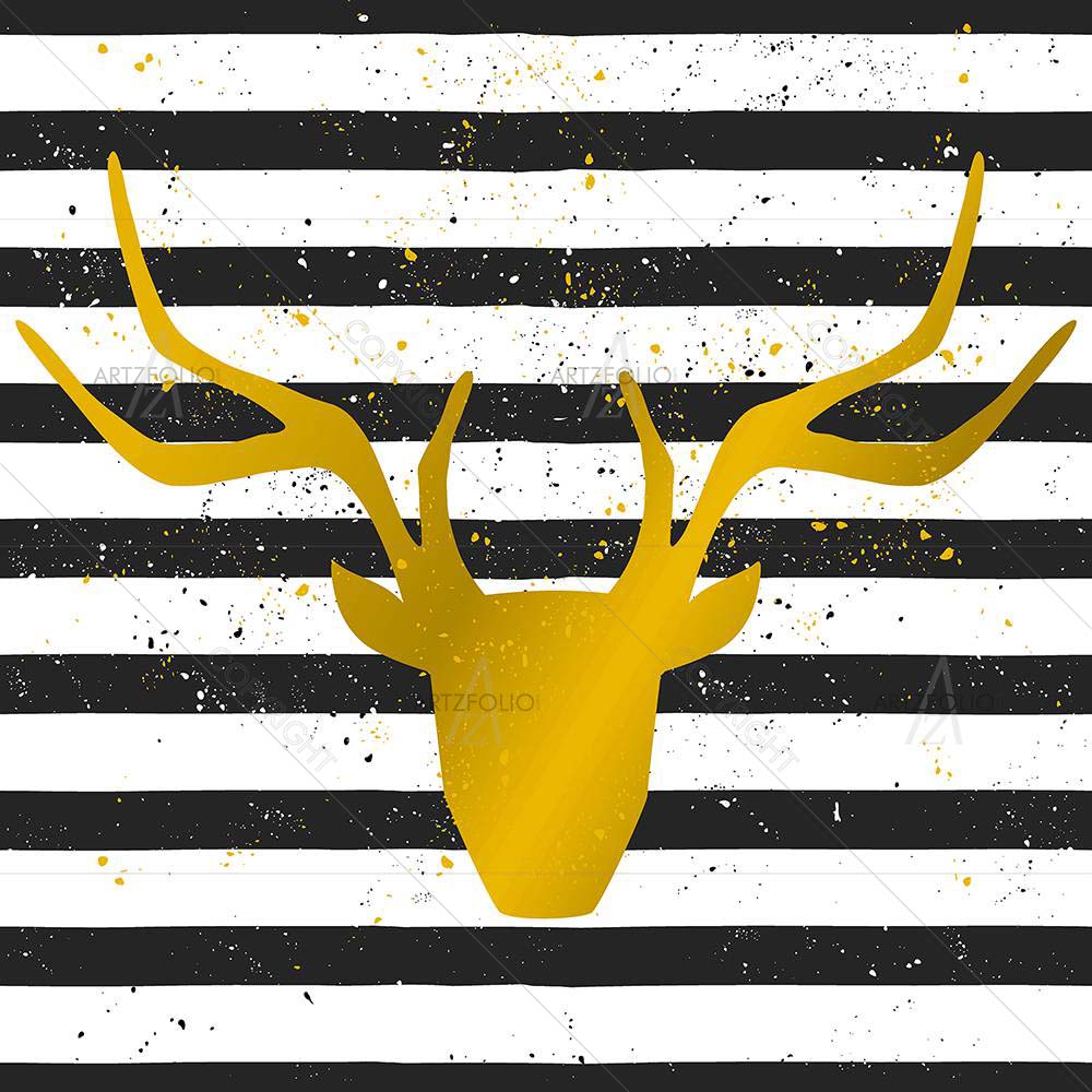 Golden Deer Head On Striped Pattern — custom-size art design 5007984