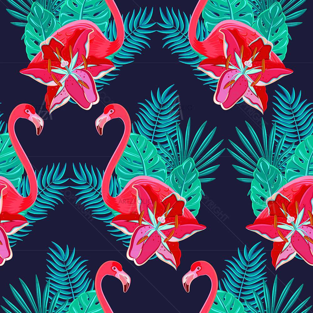 Hawaiian Flamingo Birds & Tropical Flowers — custom-size art design 5008037
