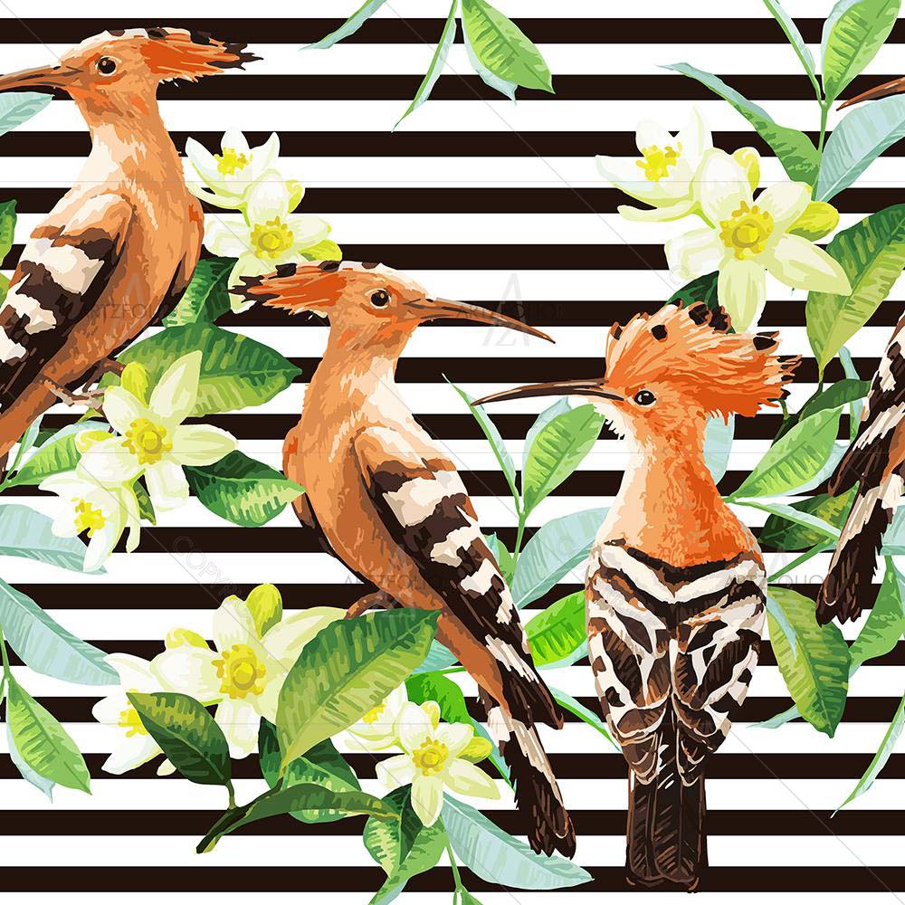 Tropical Birds, Leaves & Flowers — custom-size art design 5008078
