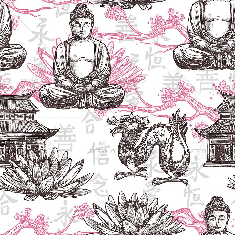 Pagoda Building Lotus Flower Dragon Asian Pattern — custom-size art design 5008084
