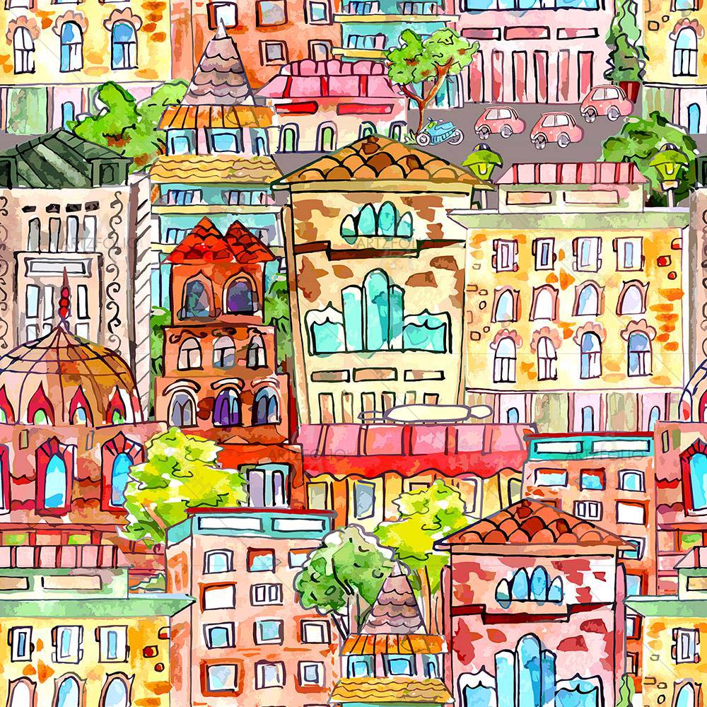 Watercolor Vintage Cityscape — custom-size art design 5008113