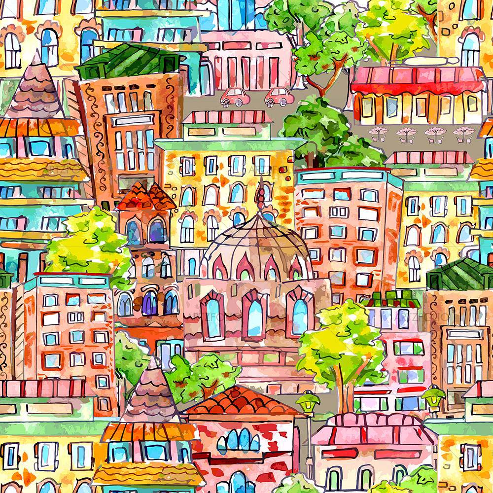 Watercolor Cute Cityscape — custom-size art design 5008114