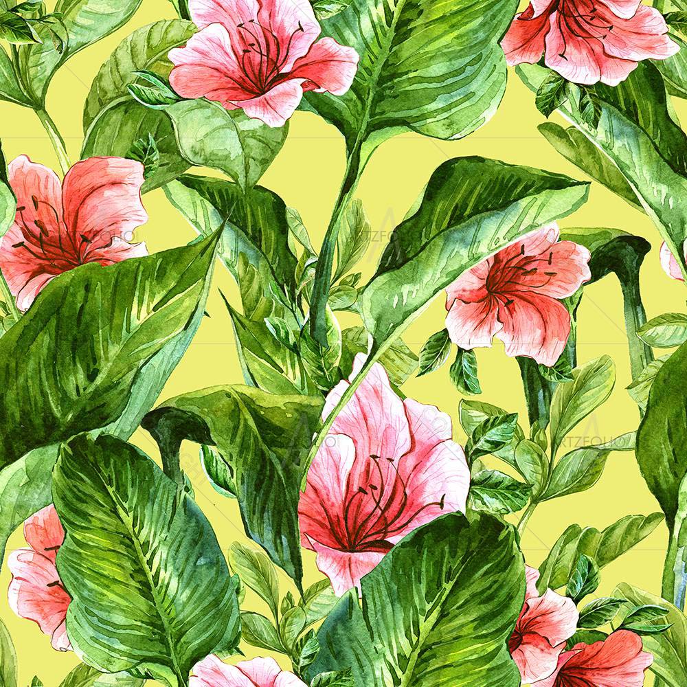 Tropical Leaves & Hibiscus Flowers D1 — custom-size art design 5008144