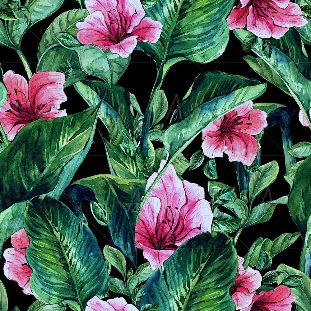 Tropical Leaves & Hibiscus Flowers D3 — custom-size art design 5008146